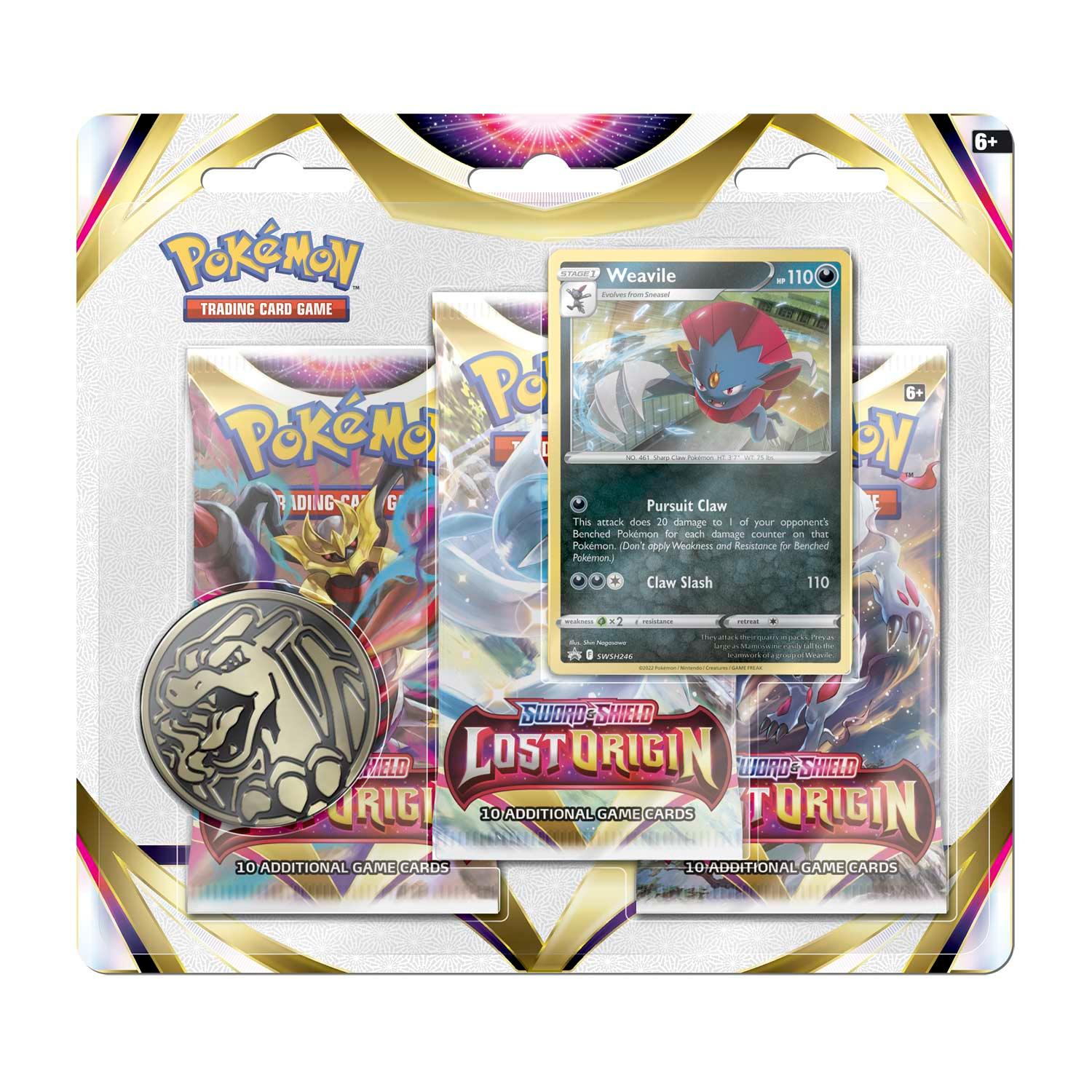 Pokemon Triple Booster Pack - Sword & Shield - Lost Origin - 3 Boosters Packs & Weavile Promo Card & 1 Coin - Hobby Champion Inc